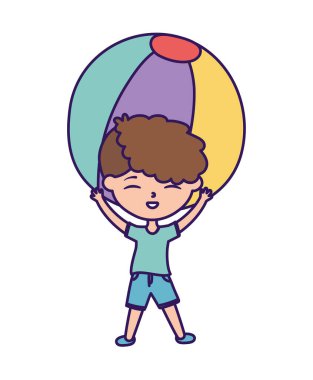 Mutlu çocuklar günü, tatlı küçük çocuk plaj topu çizgi filmiyle oynuyor.