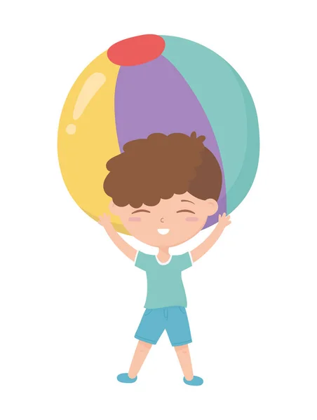 Šťastný dětský den, roztomilý chlapeček hrající si s plážovým míčkem karikatura — Stockový vektor