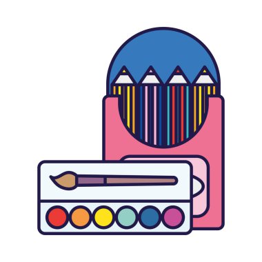 Okula geri dön. Renkli kalemler kutuda ve palet renkli fırça sanatında.