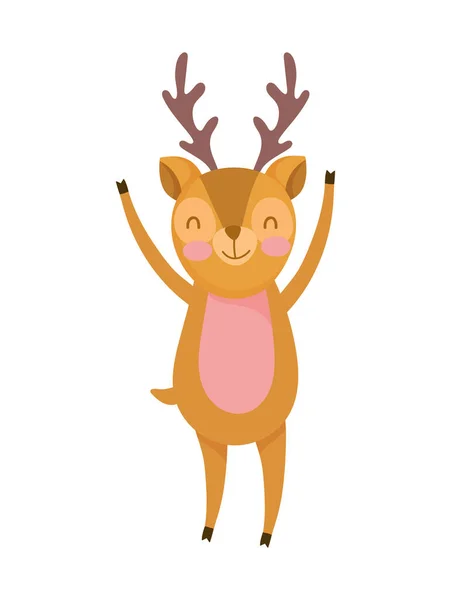 Cervo bonito com mãos para cima personagem de desenho animado no fundo branco —  Vetores de Stock