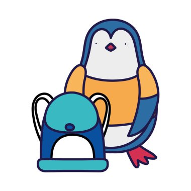 Okula geri dön. Tişört ve sırt çantalı sevimli penguen.