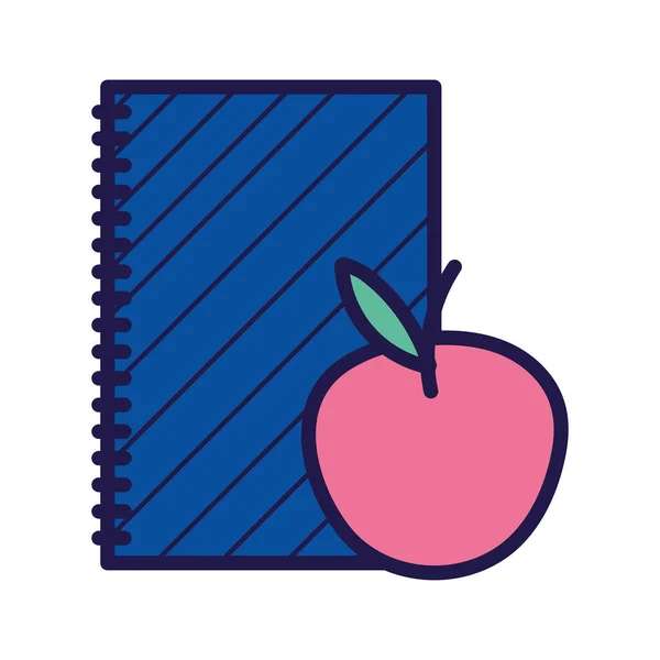 Volver a la escuela cuaderno de educación y manzana — Vector de stock