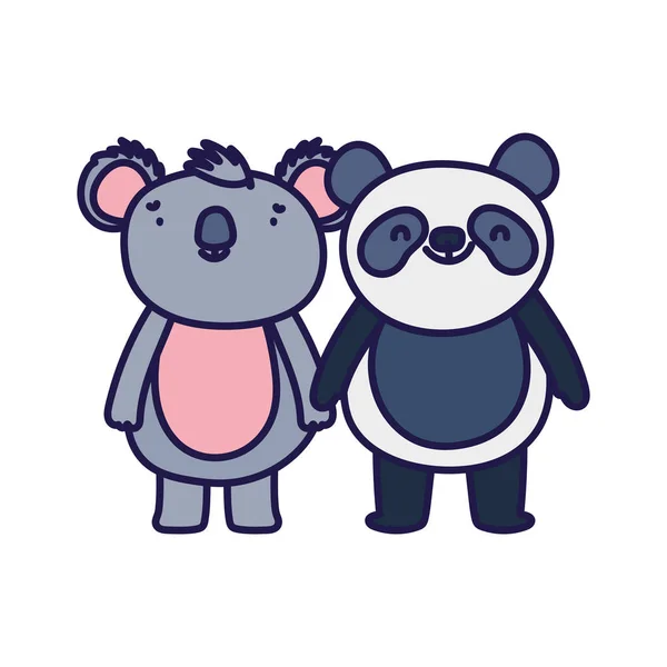 Karakter kartun panda dan koala kecil pada latar belakang putih - Stok Vektor