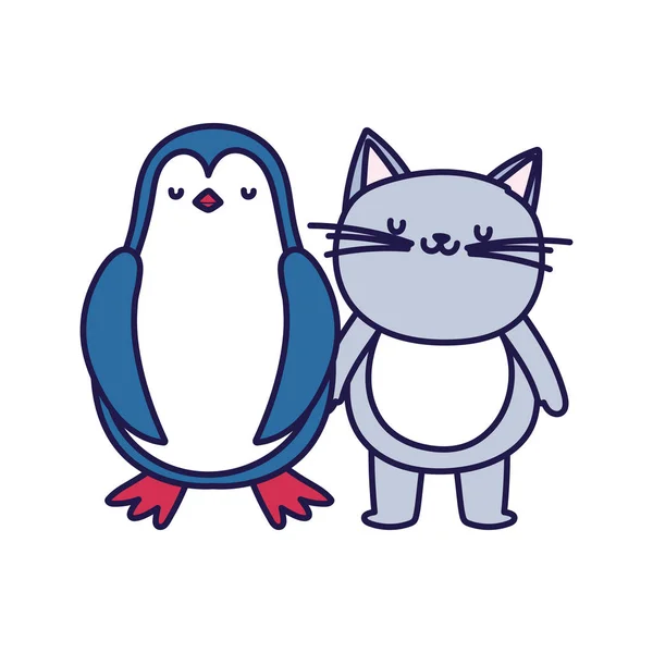 Pequeno gato e pinguim personagem de desenho animado no fundo branco — Vetor de Stock