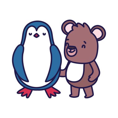 Beyaz arka planda küçük penguen ve oyuncak ayı çizgi film karakteri