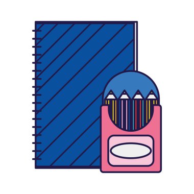 Okul eğitim defterine ve kutudaki renkli kalemlere geri dön.