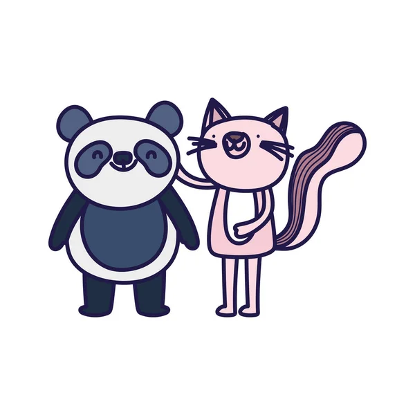 Liten rosa katt och panda tecknad karaktär på vit bakgrund — Stock vektor