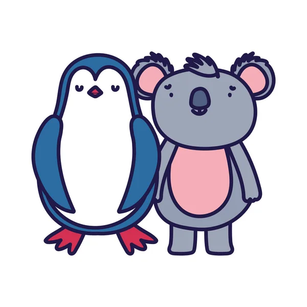 Cute penguin and koala cartoon on white background — Stock Vector