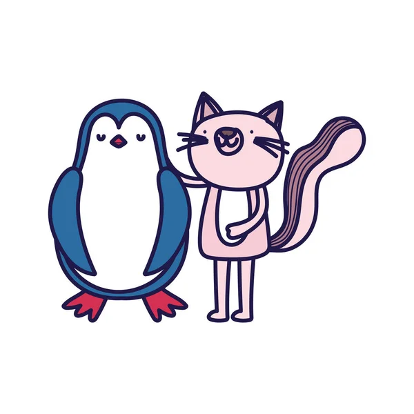 Little pink cat and penguin cartoon character on white background — Stock vektor