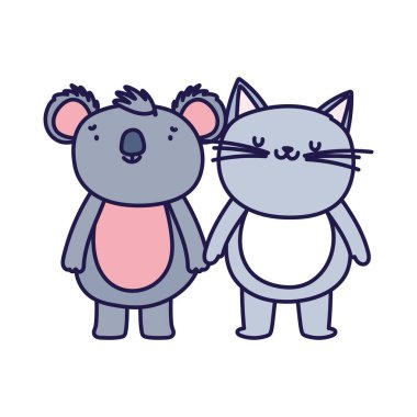 Beyaz arka planda küçük kedi ve koala çizgi film karakteri