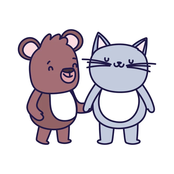 Little cat and teddy bear cartoon character on white background — 图库矢量图片