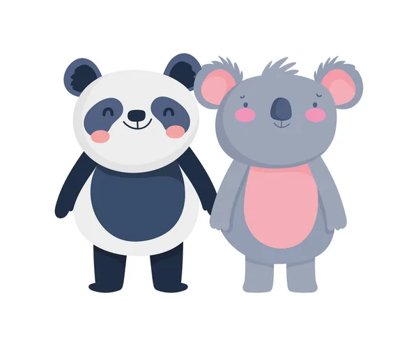 Petit panda et koala personnage de dessin animé sur fond blanc — Image vectorielle