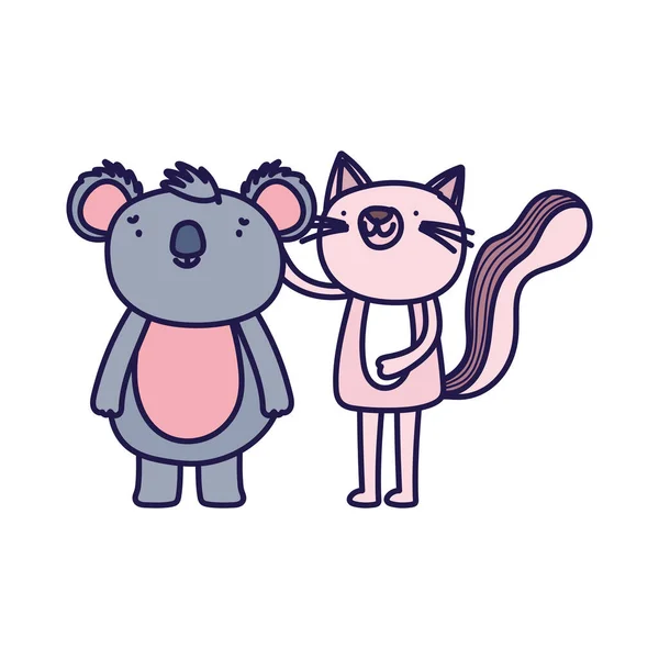 Little pink cat and koala cartoon character on white background — 图库矢量图片