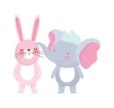 little elephant and rabbit cartoon character on white background