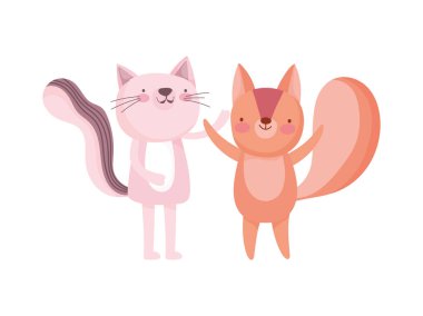 little pink cat and squirrel cartoon character on white background