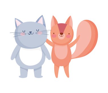 little cat and squirrel cartoon character on white background