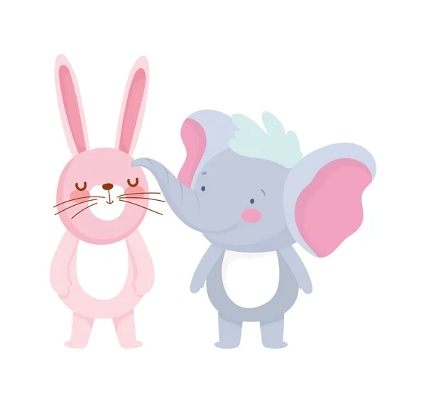 Pequeño elefante y conejo personaje de dibujos animados sobre fondo blanco — Vector de stock