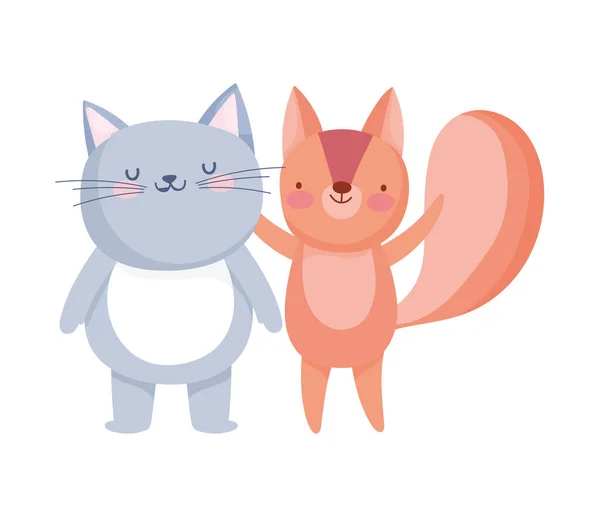 Pequeno gato e esquilo personagem cartoon no fundo branco — Vetor de Stock