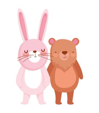 little rabbit and bear cartoon character on white background