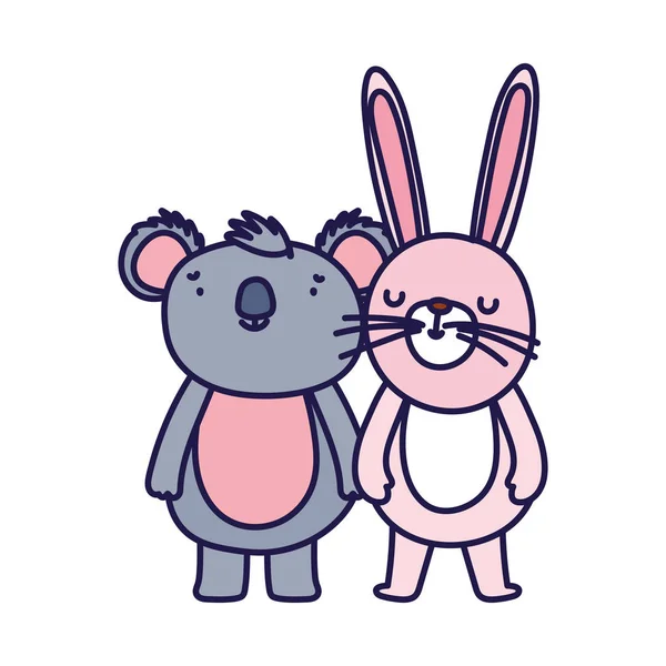 Petit lapin et koala personnage de dessin animé sur fond blanc — Image vectorielle