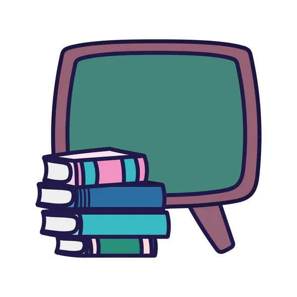 Πίσω στη σχολική εκπαίδευση chalkboard και στοιβαγμένα βιβλία τάξη — Διανυσματικό Αρχείο