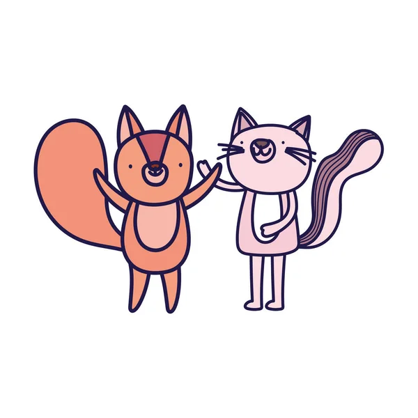 Piccolo gatto rosa e scoiattolo personaggio dei cartoni animati su sfondo bianco — Vettoriale Stock
