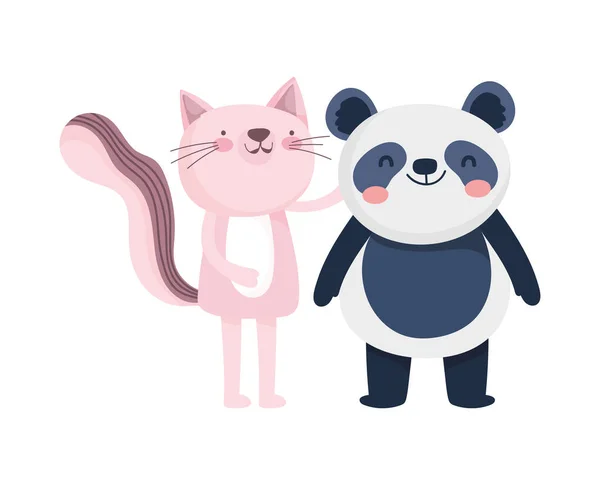 Kleine rosa Katze und Panda-Zeichentrickfigur auf weißem Hintergrund — Stockvektor