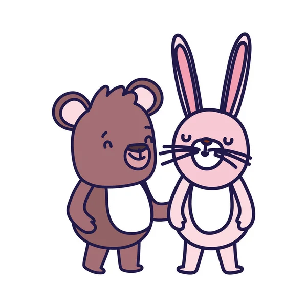Pequeno ursinho de pelúcia e coelho personagem de desenho animado no fundo branco — Vetor de Stock