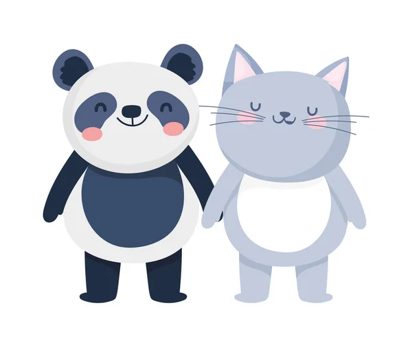 Pequeño gato y panda personaje de dibujos animados sobre fondo blanco — Archivo Imágenes Vectoriales