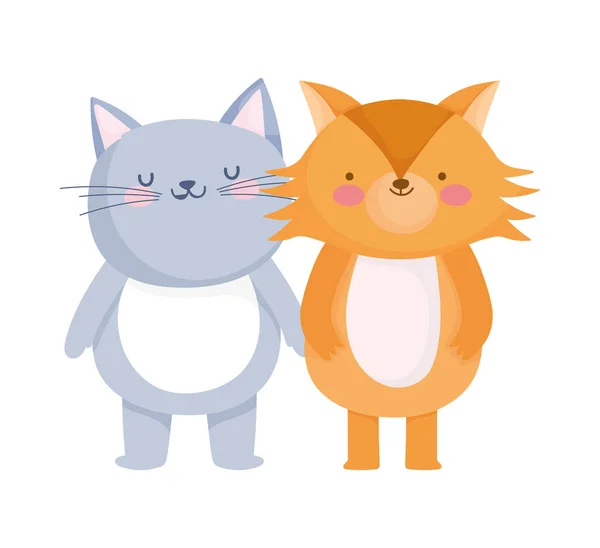 Pequeño gato y zorro personaje de dibujos animados sobre fondo blanco — Vector de stock