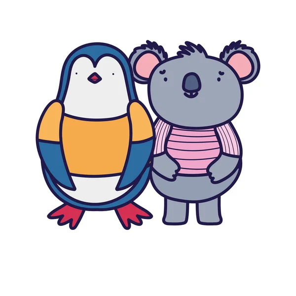 Roztomilý koala a tučňák s tričkem kreslený charakter — Stockový vektor