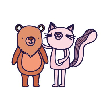 little pink cat and bear cartoon character on white background