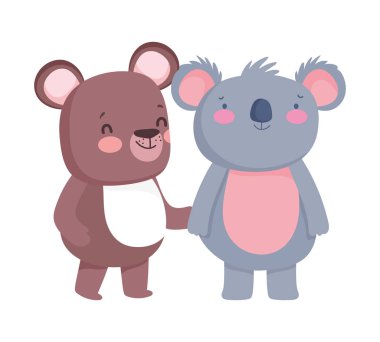 little teddy bear and koala cartoon character on white background