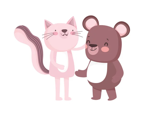Little pink cat and teddy bear cartoon character on white background — Wektor stockowy
