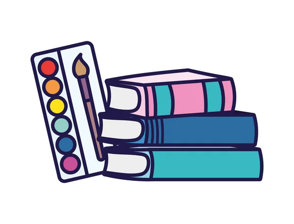 Zpět do školy vzdělávání skládané knihy a paleta barva štětce umění — Stockový vektor