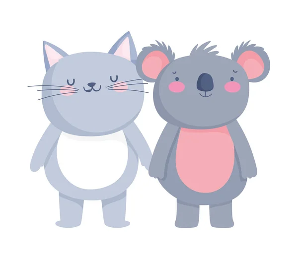 Pequeno gato e koala personagem de desenho animado no fundo branco — Vetor de Stock