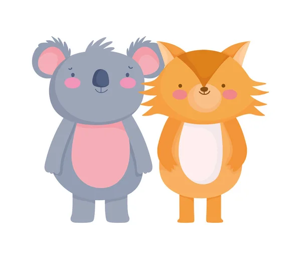 Heureux koala mignon et renard personnage de dessin animé — Image vectorielle