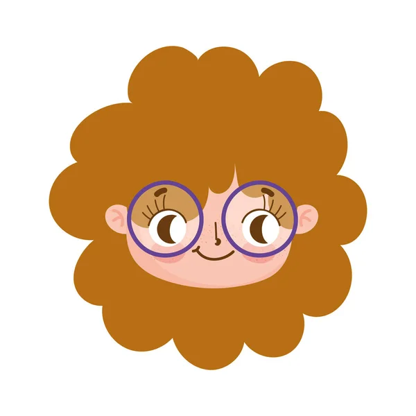 Bonito rosto encaracolado cabelo menina com óculos expressão facial —  Vetores de Stock