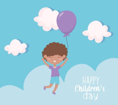 happy childrens day, cute boy holding balloon celebration party