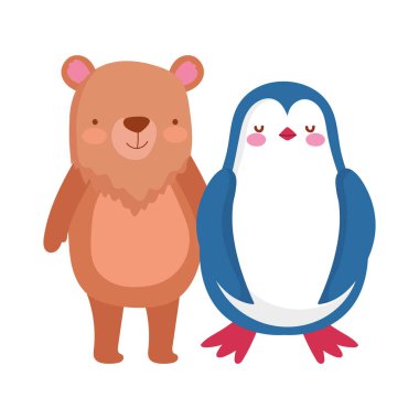 cute penguin and bear cartoon on white background