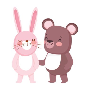 little teddy bear and rabbit cartoon character on white background