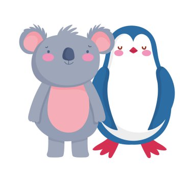 Beyaz arka planda sevimli penguen ve koala çizgi filmi