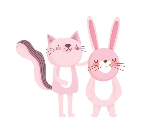 Lindo gato y conejo personaje de dibujos animados sobre fondo blanco — Archivo Imágenes Vectoriales