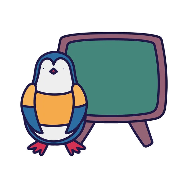 Πίσω στη σχολική εκπαίδευση χαριτωμένο πιγκουίνος με πουκάμισο και μαυροπίνακα — Διανυσματικό Αρχείο