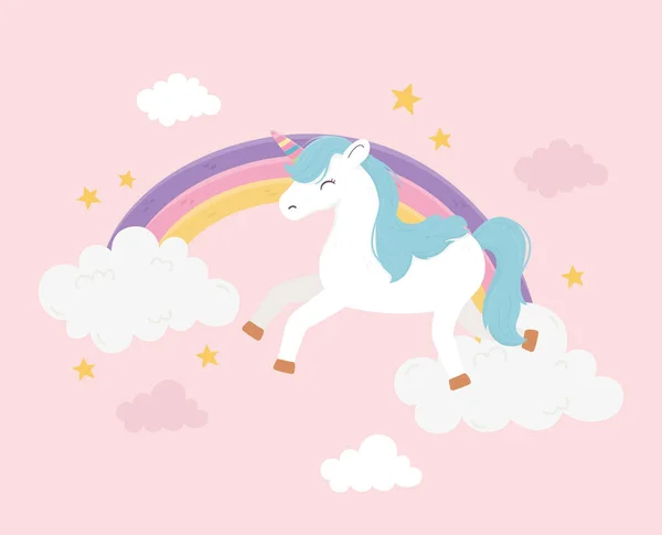 Feliz unicórnio arco-íris nuvens céu fantasia sonho mágico bonito desenho animado — Vetor de Stock