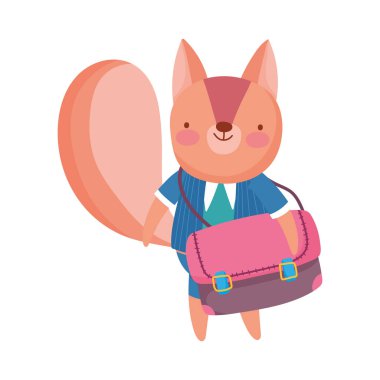 Okula geri dön. Giysileri ve okul çantasıyla sevimli bir sincap.