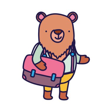 Okula geri dön. Çantalı ve elbiseli sevimli ayı.