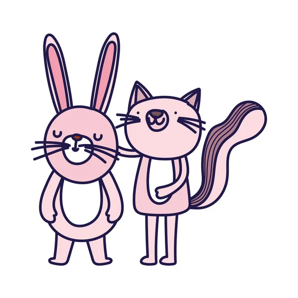 Mignon chat et lapin personnage de dessin animé sur fond blanc — Image vectorielle