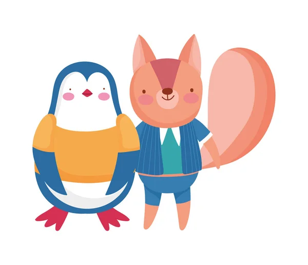 Cute penguin and squirrel with clothes cartoon on white background — Stockvektor