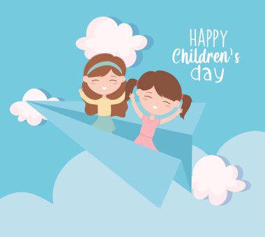 Mutlu çocuklar günü, kağıttan uçakta gökyüzü çizgi filmi oynayan küçük kızlar.